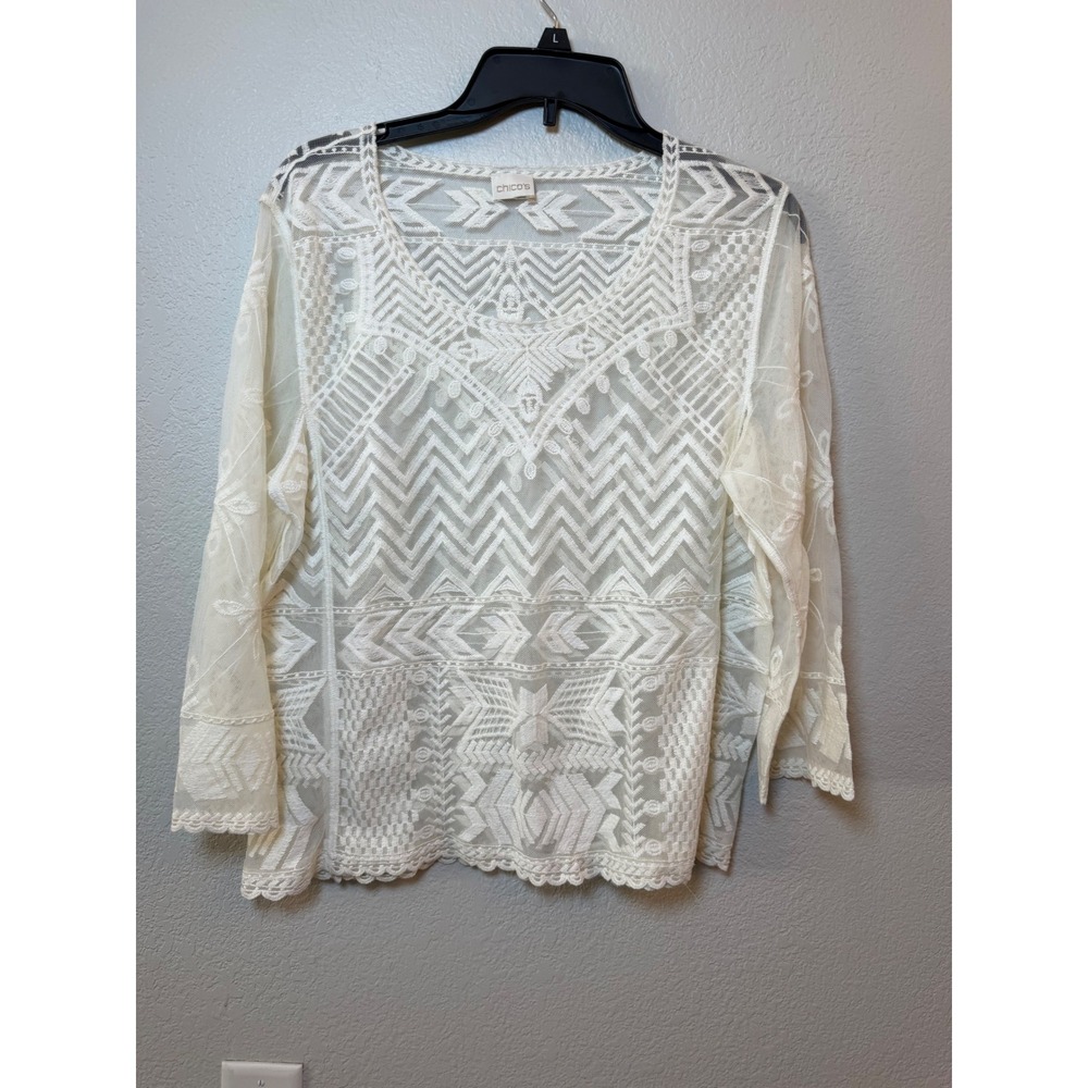 Chicos White Sheer Mesh Lace Geometric Embroidered 3/4 Sleeve Blouse Top Size 2